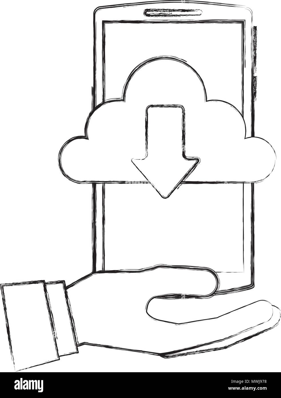 hand holding smartphone with cloud storage download data vector ...