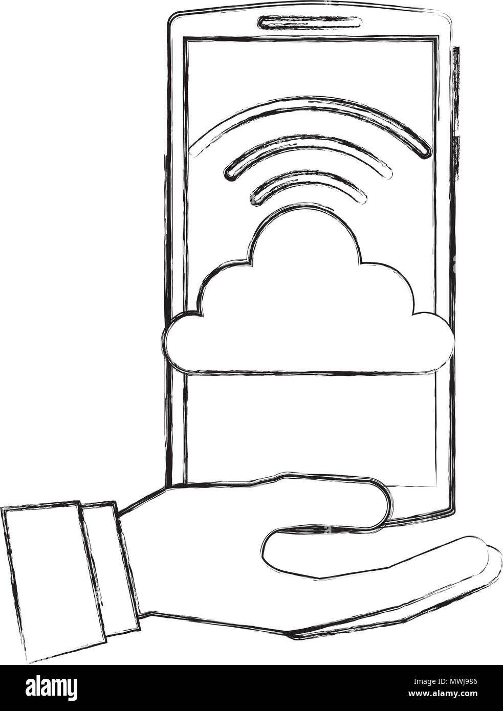 hand holding smartphone with cloud storage internet wifi vector ...