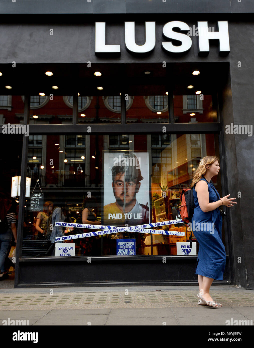 A view of the Lush store on Oxford Street, London, one of over 100 of their high street cosmetic stores facing backlash for featuring a 'damaging and distasteful' campaign criticising undercover policing. Stock Photo