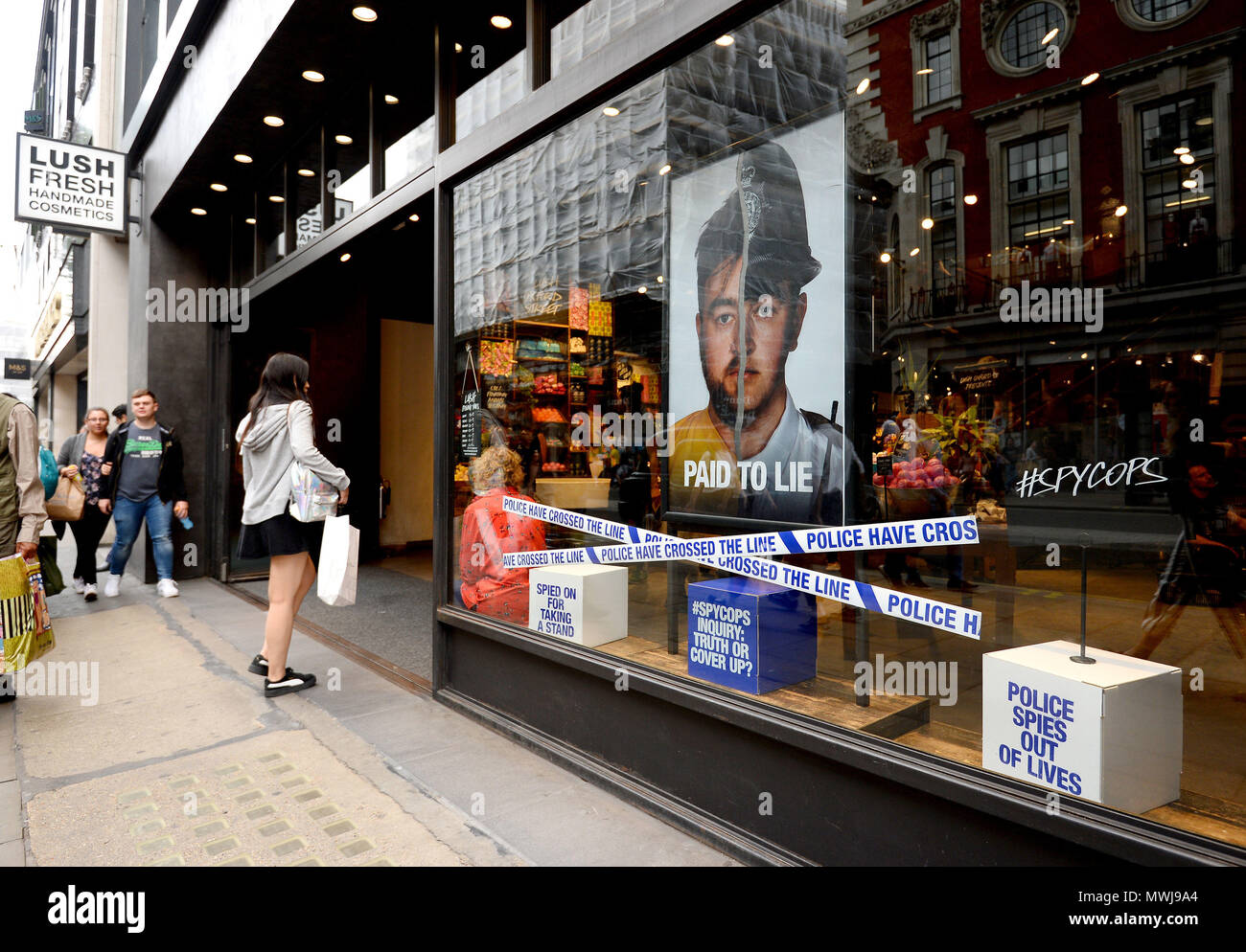 A view of the Lush store on Oxford Street, London, one of over 100 of their high street cosmetic stores facing backlash for featuring a 'damaging and distasteful' campaign criticising undercover policing. Stock Photo