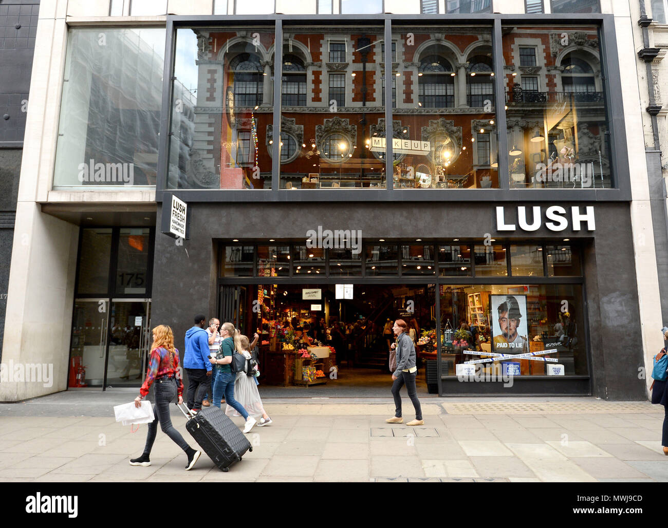 A view of the Lush store on Oxford Street, London, one of over 100 of their high street cosmetic stores facing backlash for featuring a damaging and distasteful campaign criticising undercover policing. Stock Photo