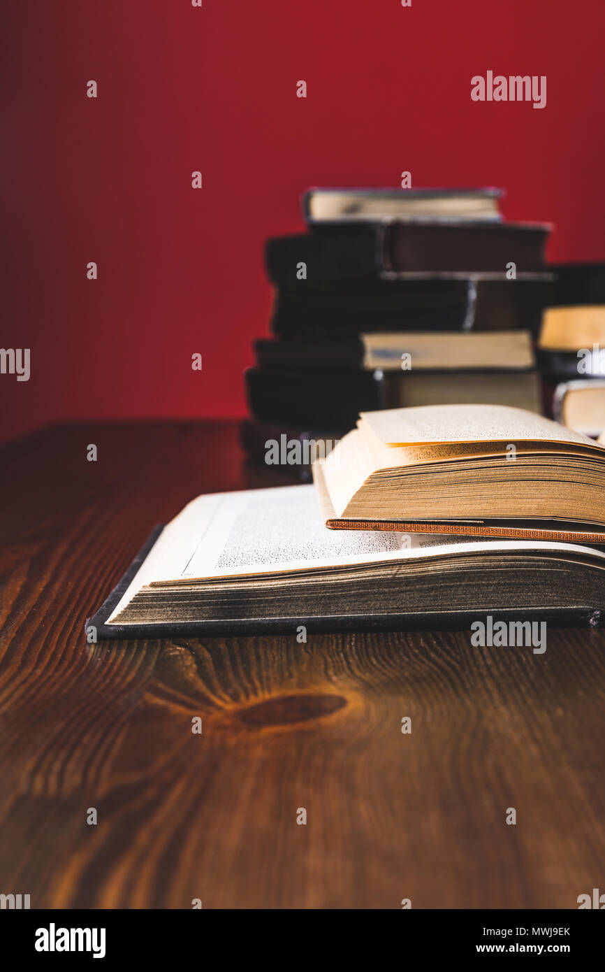 opened juridical books on wooden table, law concept Stock Photo