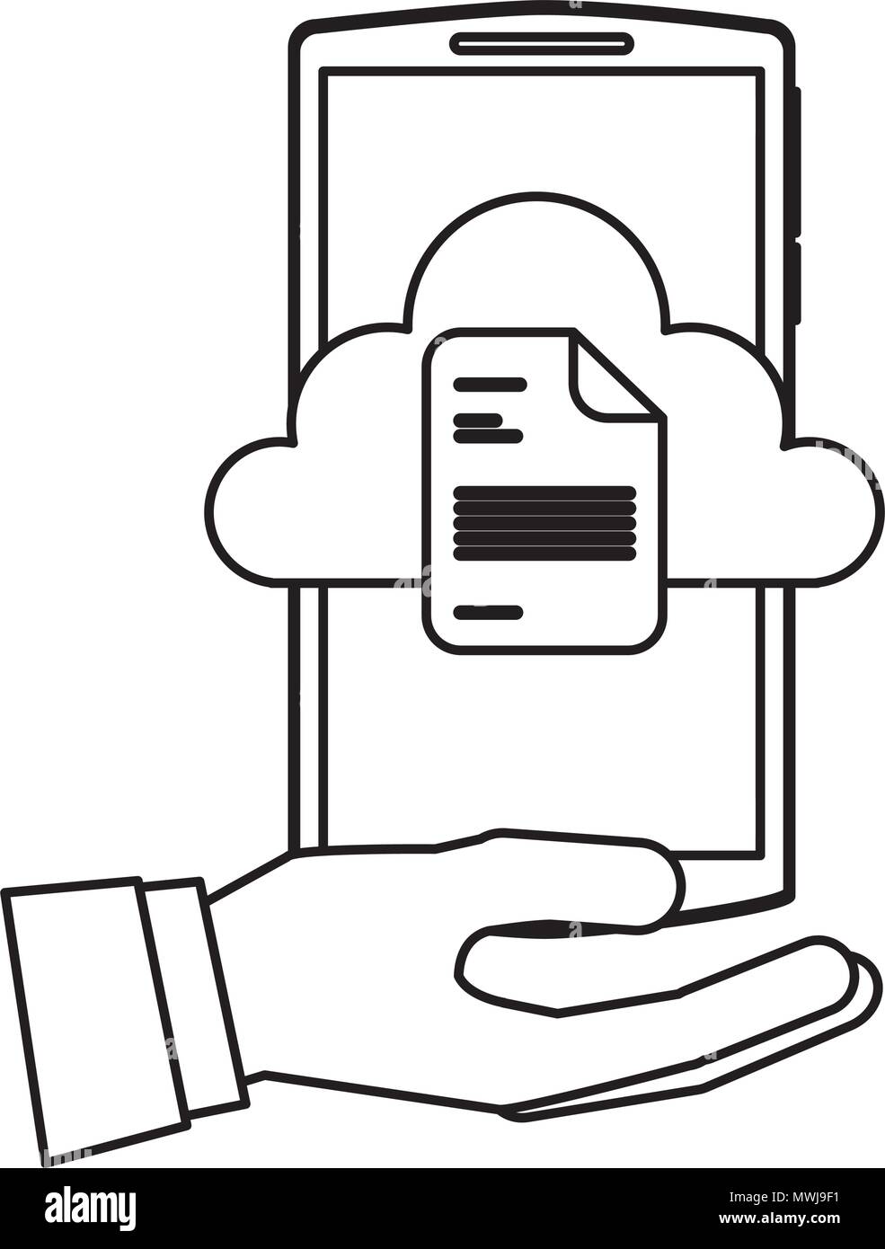 hand holding smartphone with cloud storage and document vector ...