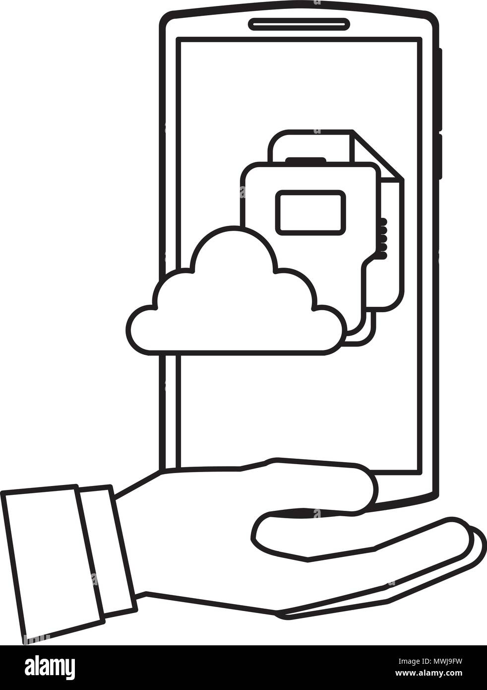 hand holding smartphone with cloud storage folder data file vector ...