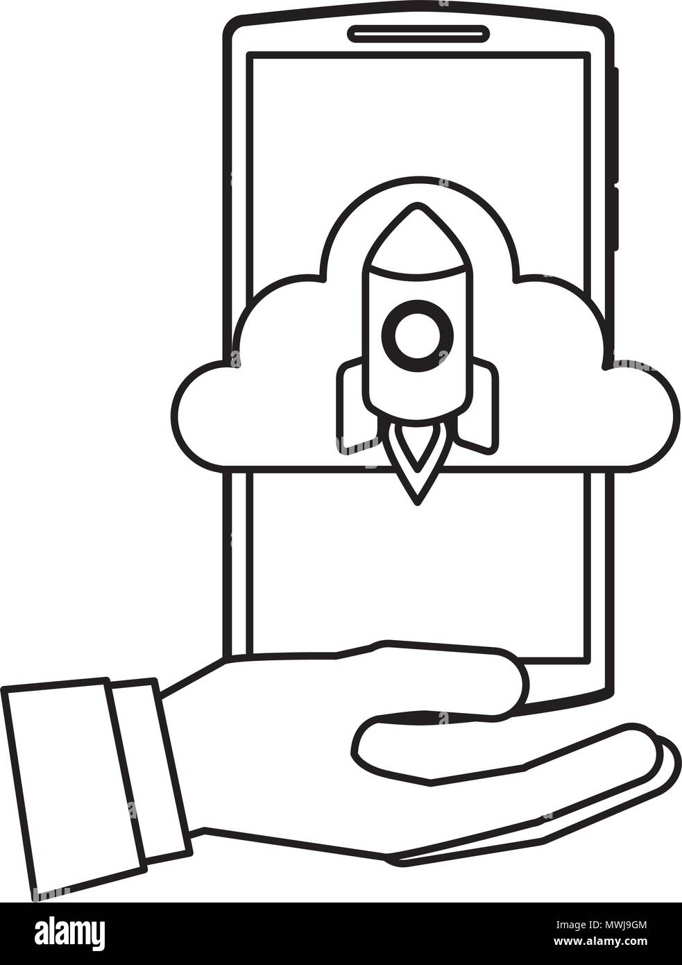 hand holding smartphone with cloud storage rocket startup vector ...