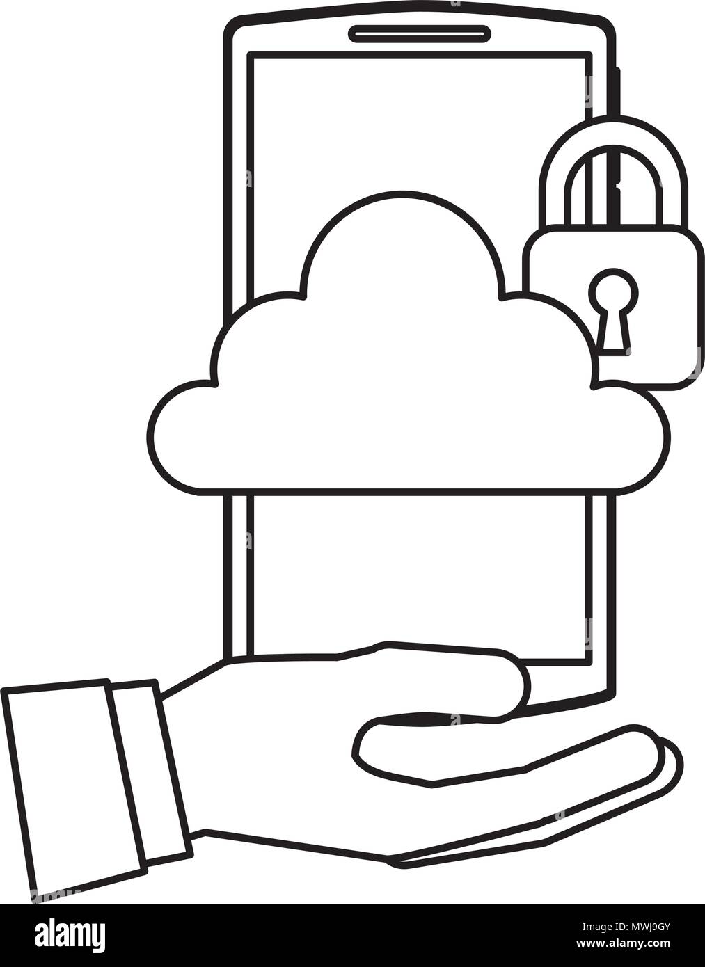 hand holding smartphone with cloud storage cybre security vector ...