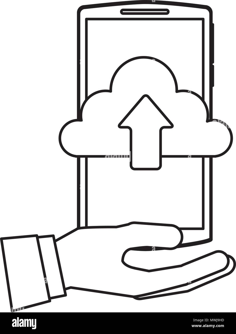 hand holding smartphone with cloud storage upload arrow vector ...