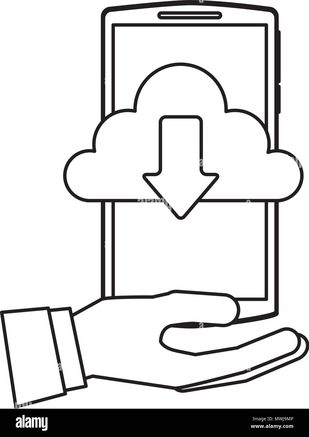 hand holding smartphone with cloud storage download data vector ...