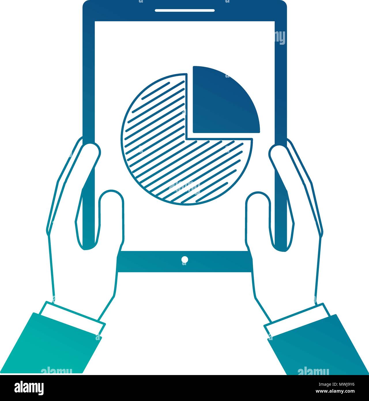 hands holding mobile with financial pie chart vector illustration Stock Vector