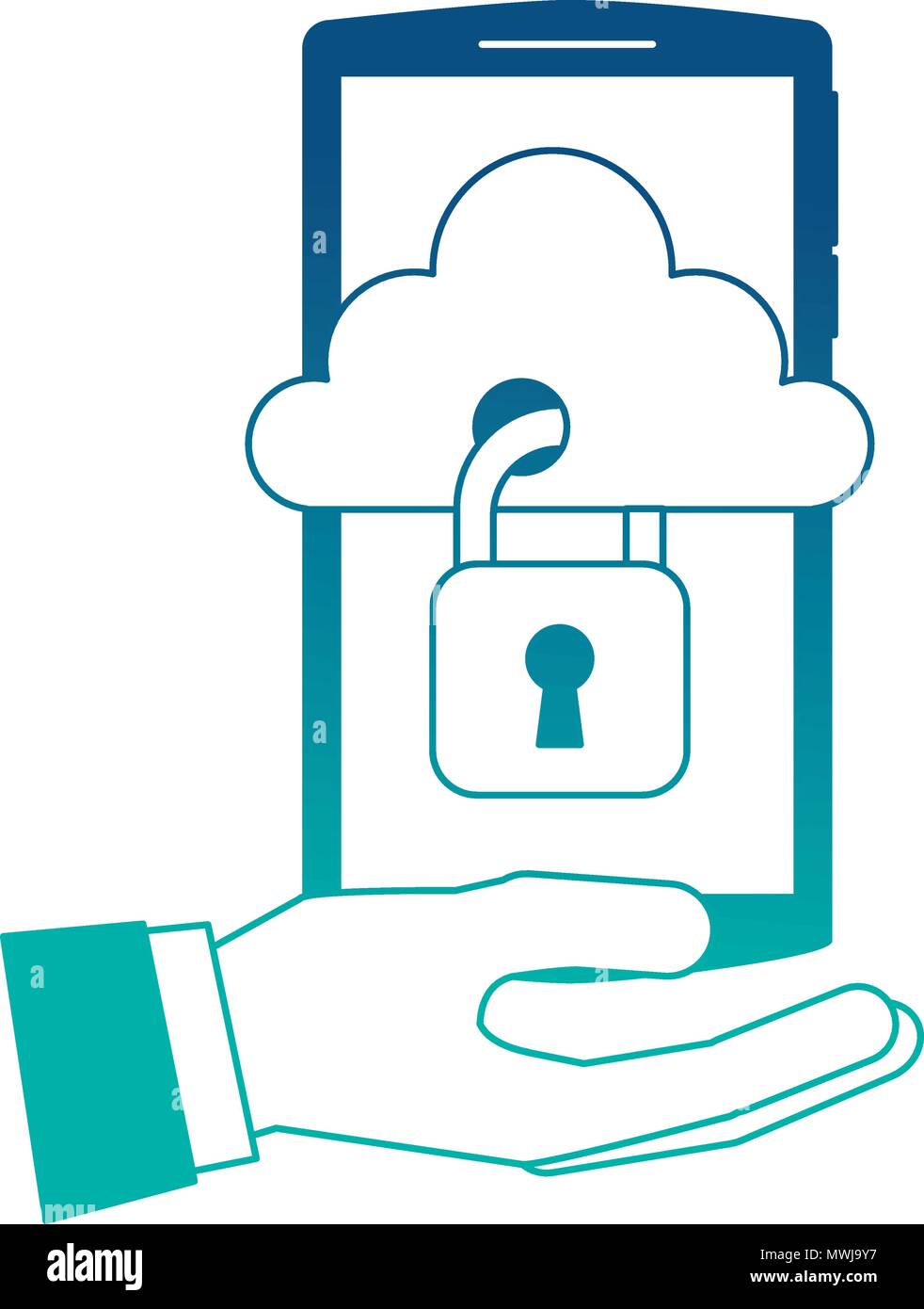 hand holding smartphone with cloud storage security vector illustration ...
