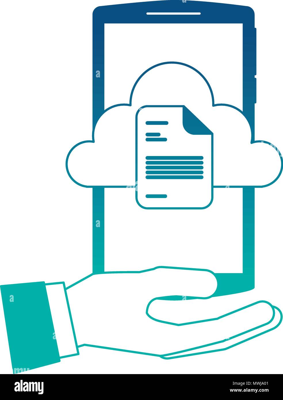 hand holding smartphone with cloud storage and document vector ...
