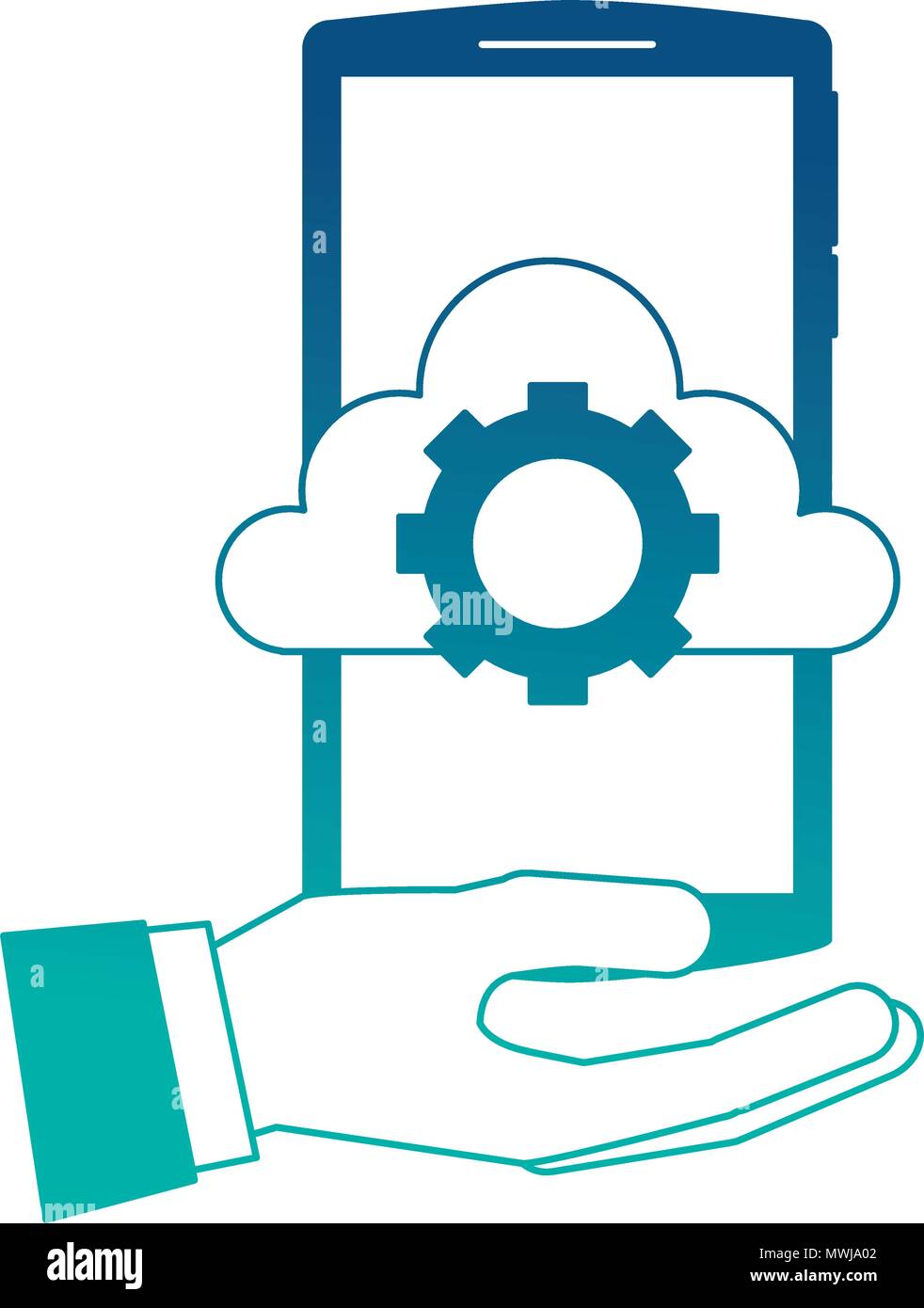 hand holding smartphone with cloud storage gear work vector ...