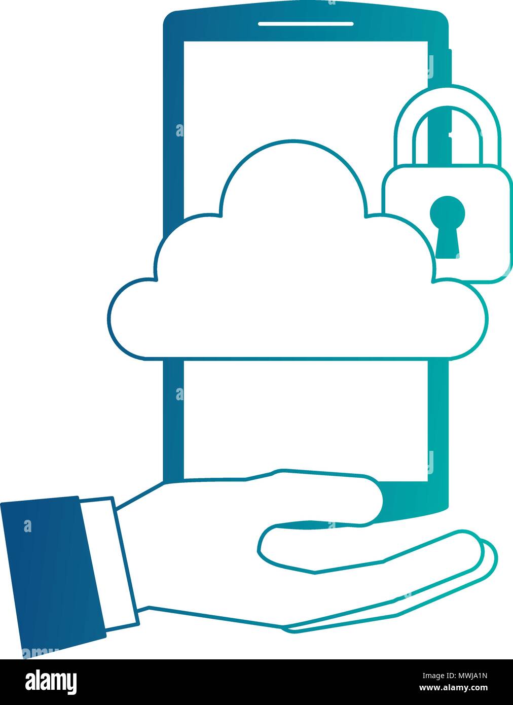 hand holding smartphone with cloud storage cybre security vector ...