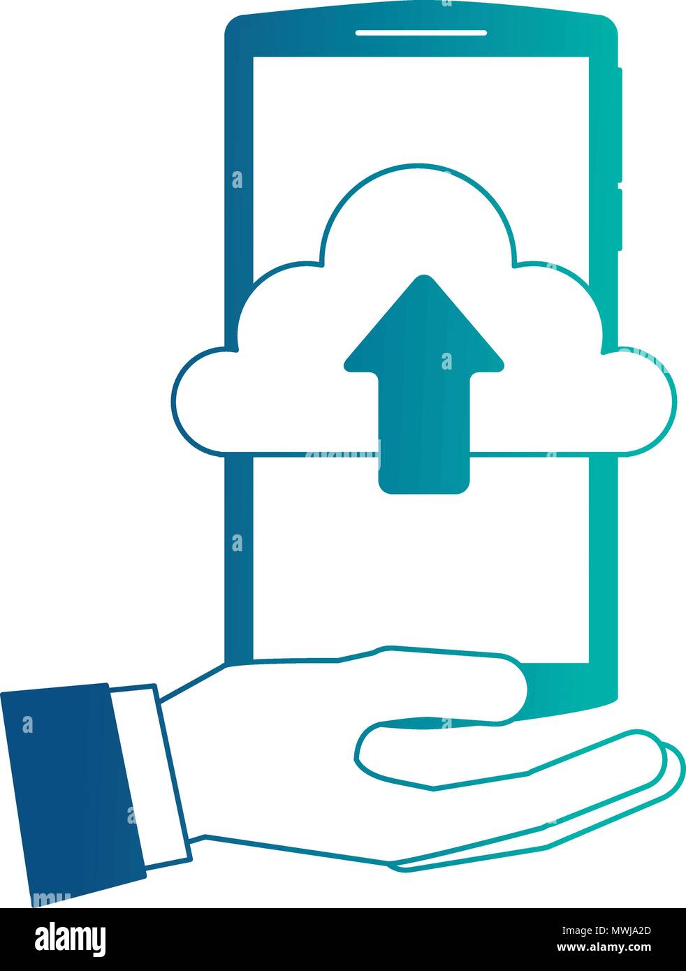 hand holding smartphone with cloud storage upload arrow vector ...