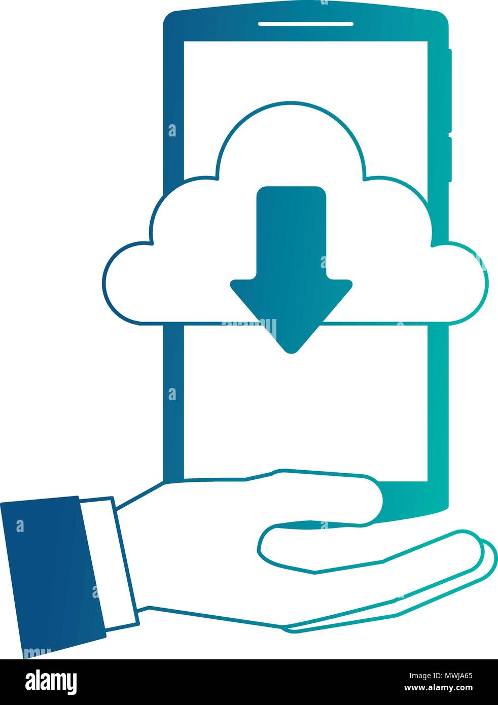 hand holding smartphone with cloud storage download data vector ...
