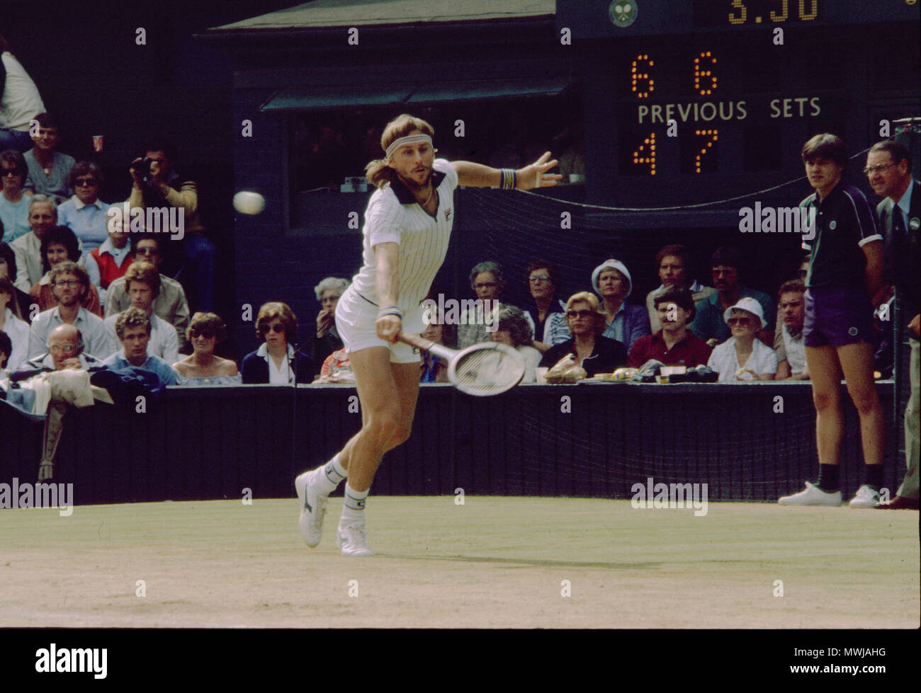 Bjorn Borg stretching for a backhand in his match against John McEnroe ...