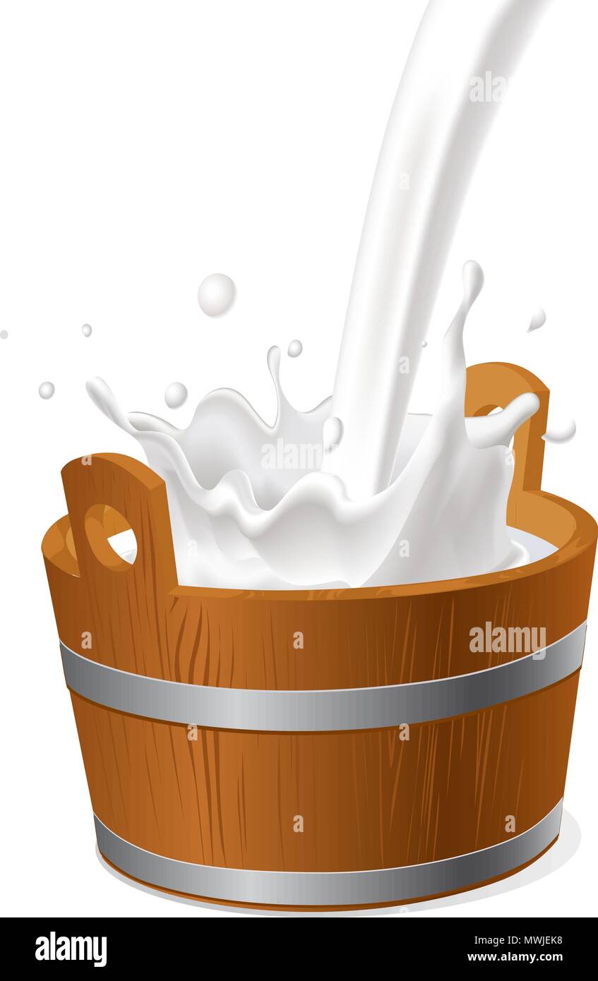 wooden pail with milk pour isolated on white - vector illustration ...