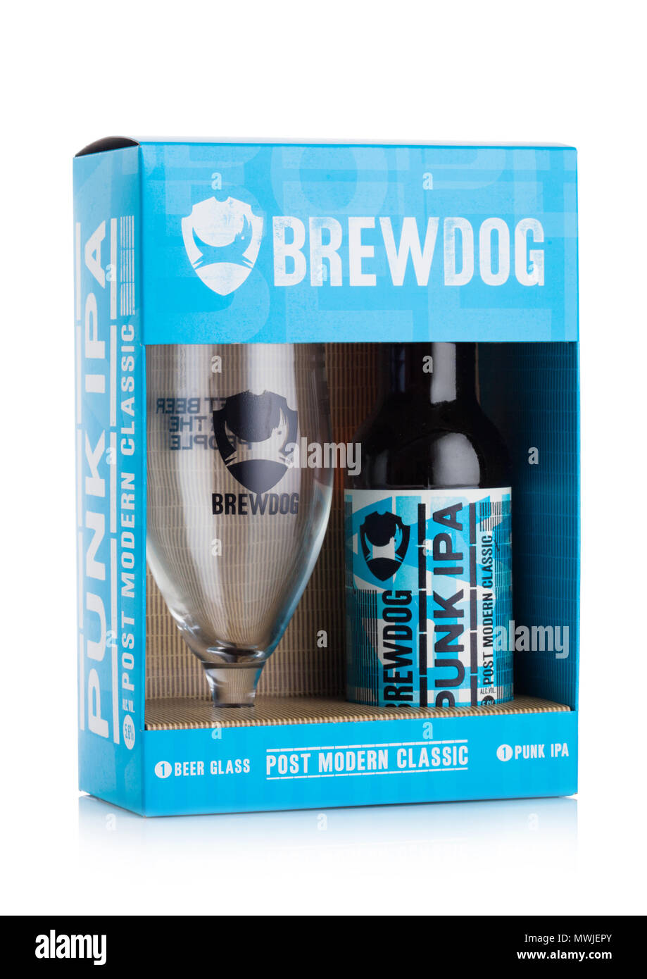 London Uk June 01 2018 Gift Box With Original Glass And Bottle Of Punk Ipa Post Modern Classic From The Brewdog Brewery On White Background