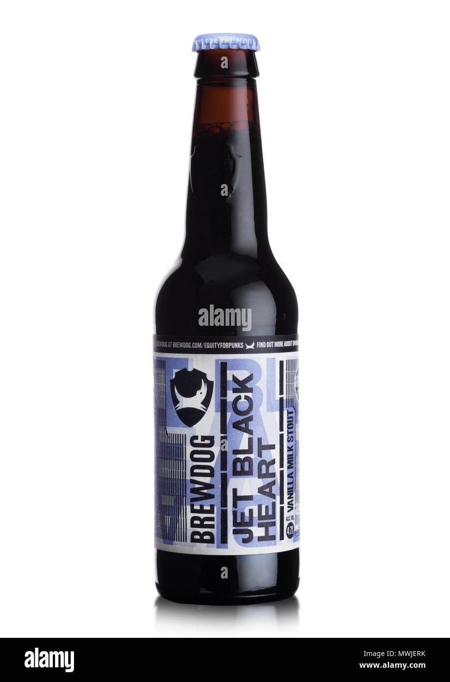 LONDON, UK - JUNE 01, 2018: Bottle of Jrt Black Heart stout beer, from the Brewdog brewery on white background. Stock Photo