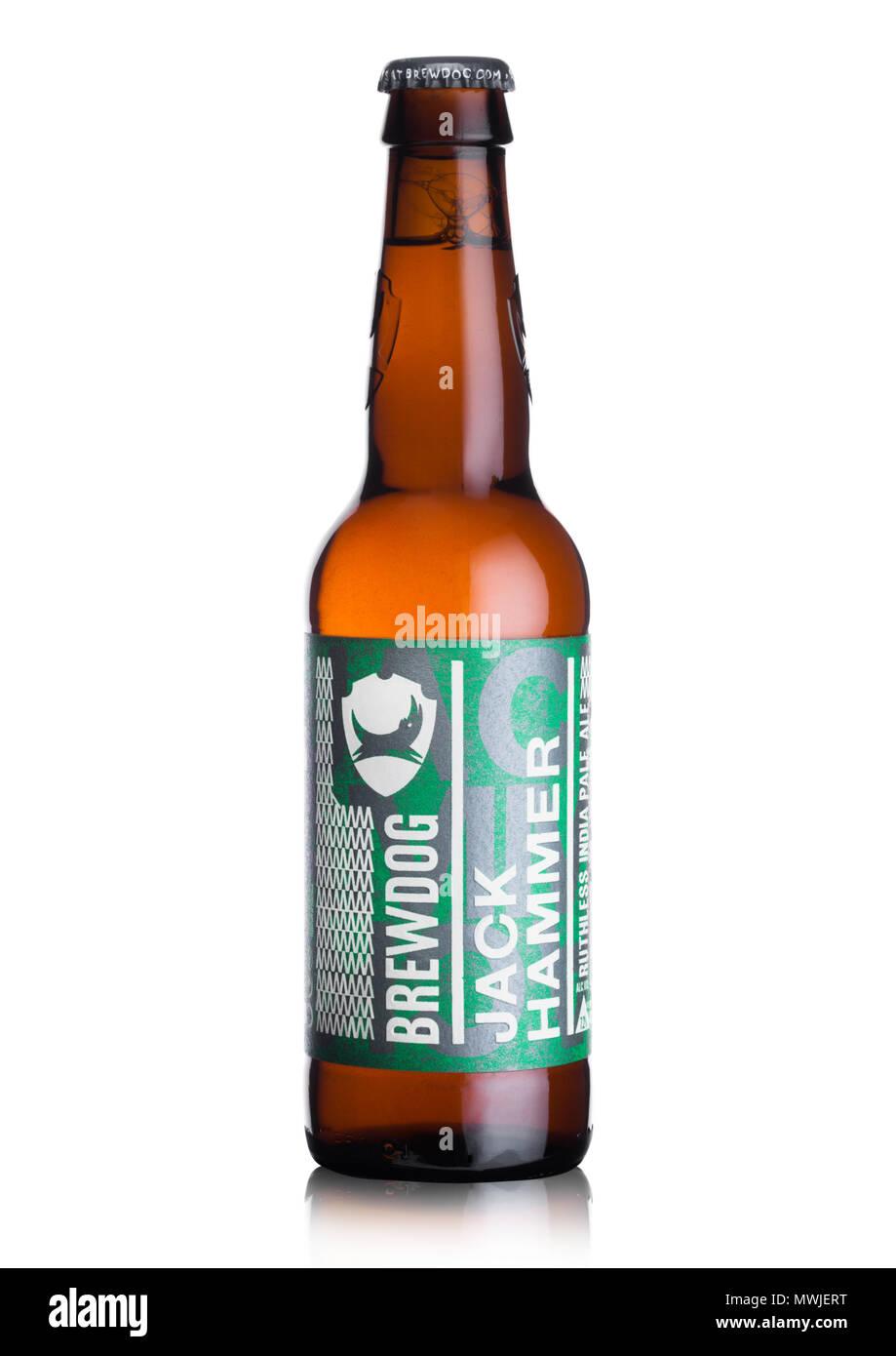 LONDON, UK - JUNE 01, 2018: Bottle of Jack Hammer indian pale ale beer, from the Brewdog brewery on white background. Stock Photo