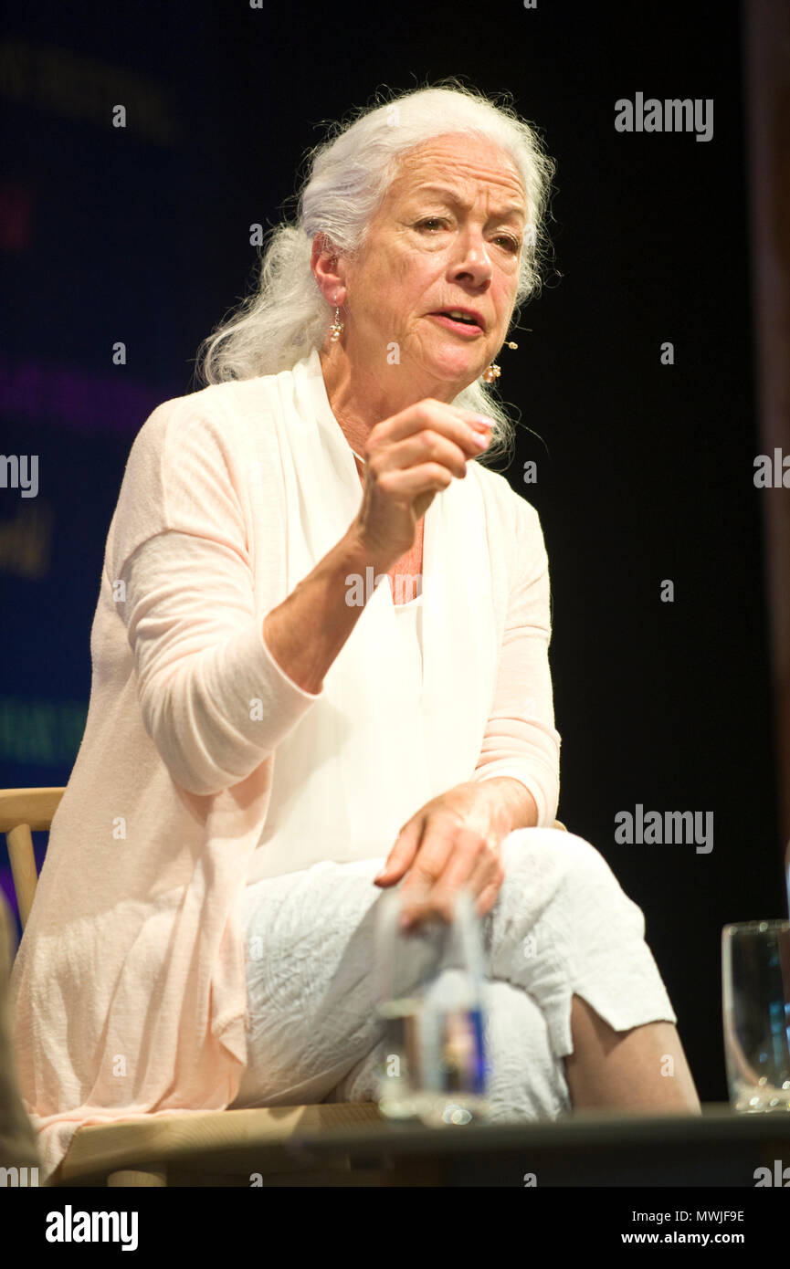 Peace activist Priscilla Scilla Elworthy speaking on stage at Hay Festival 2018 Hay-on-Wye Powys Wales UK Stock Photo
