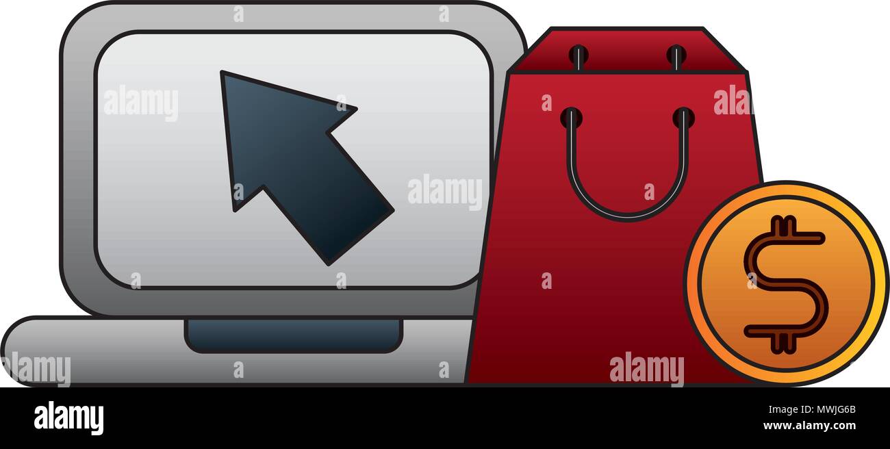 e-commerce laptop shopping bag and money vector illustration Stock ...