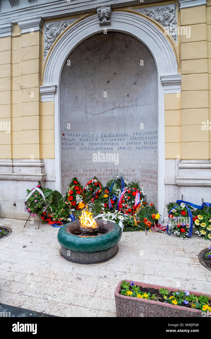 The Eternal flame in Sarajevo is a memorial to the military and civilian victims of the Second World War in Sarajevo, Bosnia and Herzegovina. Stock Photo