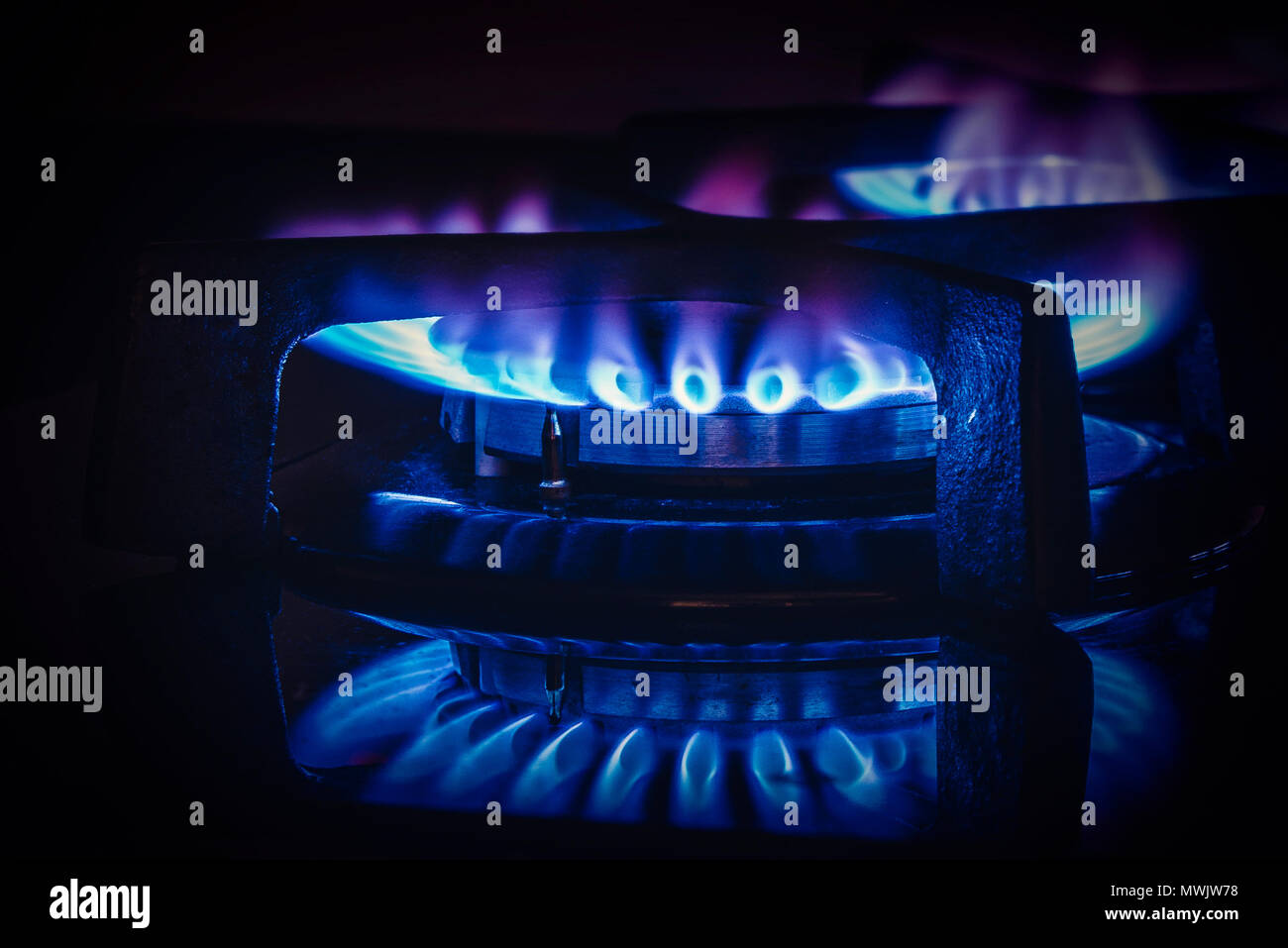 Burning gas burner. View of the gas stove. The concept of problems with