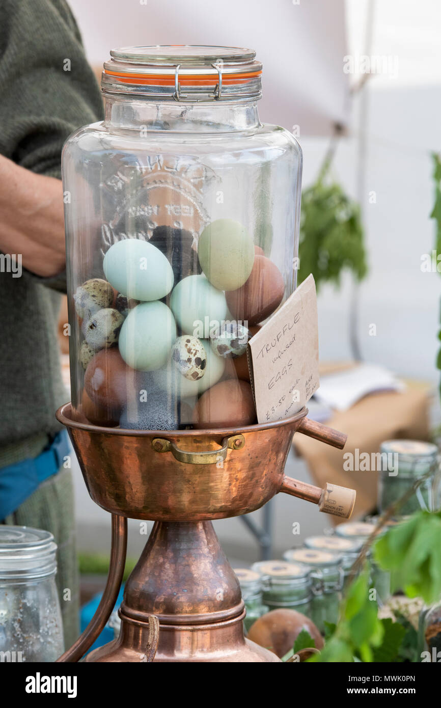 Artisan truffle infused eggs on a truffle stall at a food festival. Oxfordshire, England Stock Photo