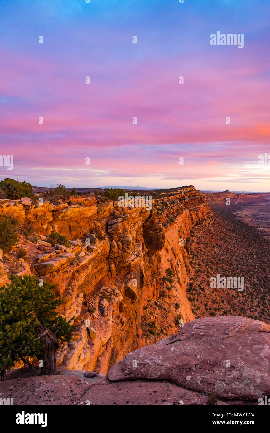 View south along Comb Ridge cliff from top in sunset light, Comb Wash below, north of Highway 95 west of Blanding, Utah and north of Bluff, Utah USA Stock Photo