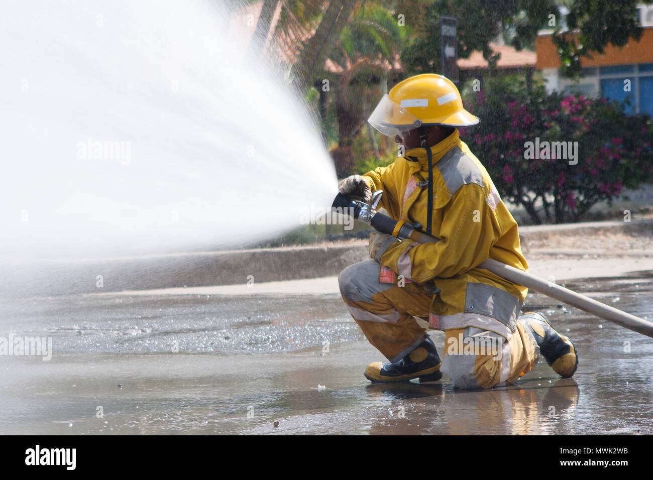Firefighter fighting For A Fire Attack, During A Training Exercise ...