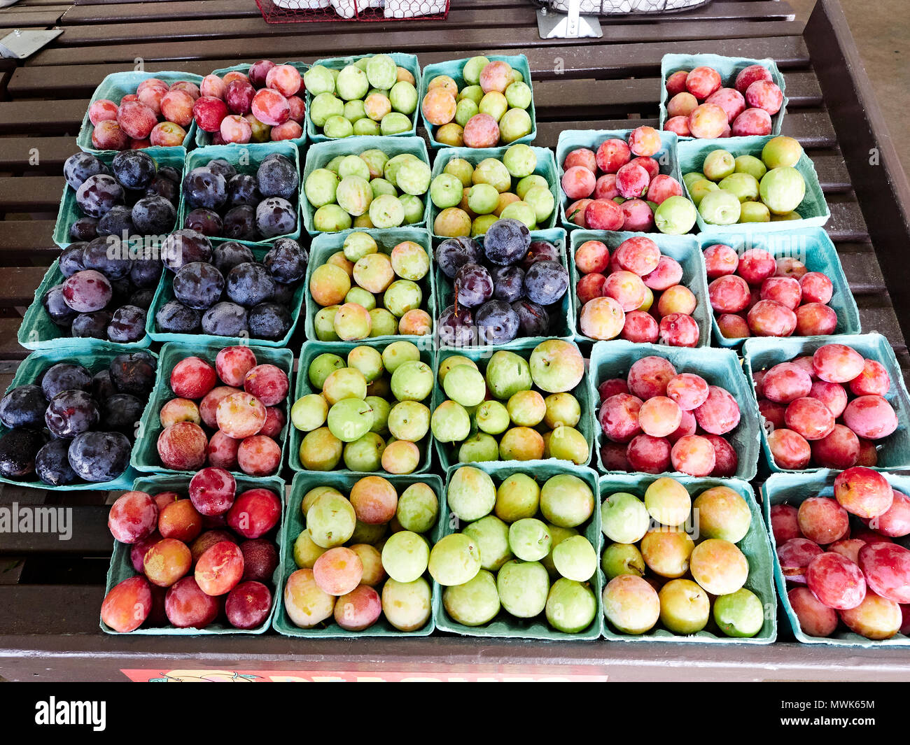 Baskets of ripe plums of various colors and varieties on sale at a roadside market or farmer's market in Alabama, USA. Stock Photo