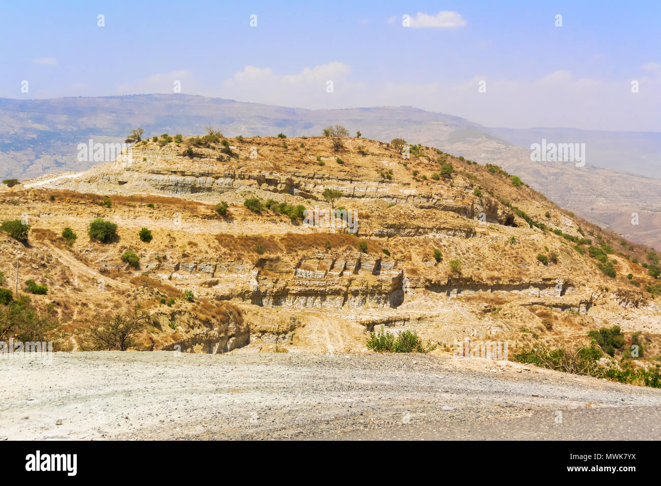 Mountain landscape North Shewa between Blue Nile bridge and Gohatsion also called Blue Nile Gorge. It is very steep ride from the bridge. Stock Photo