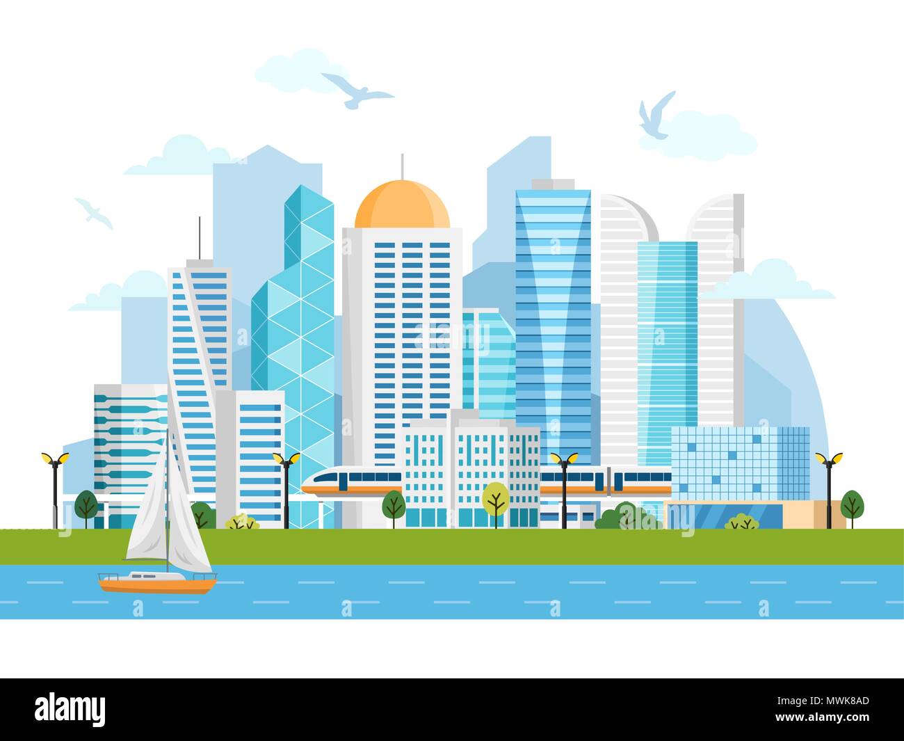 River side landscape with skyscrapers and subway Stock Vector