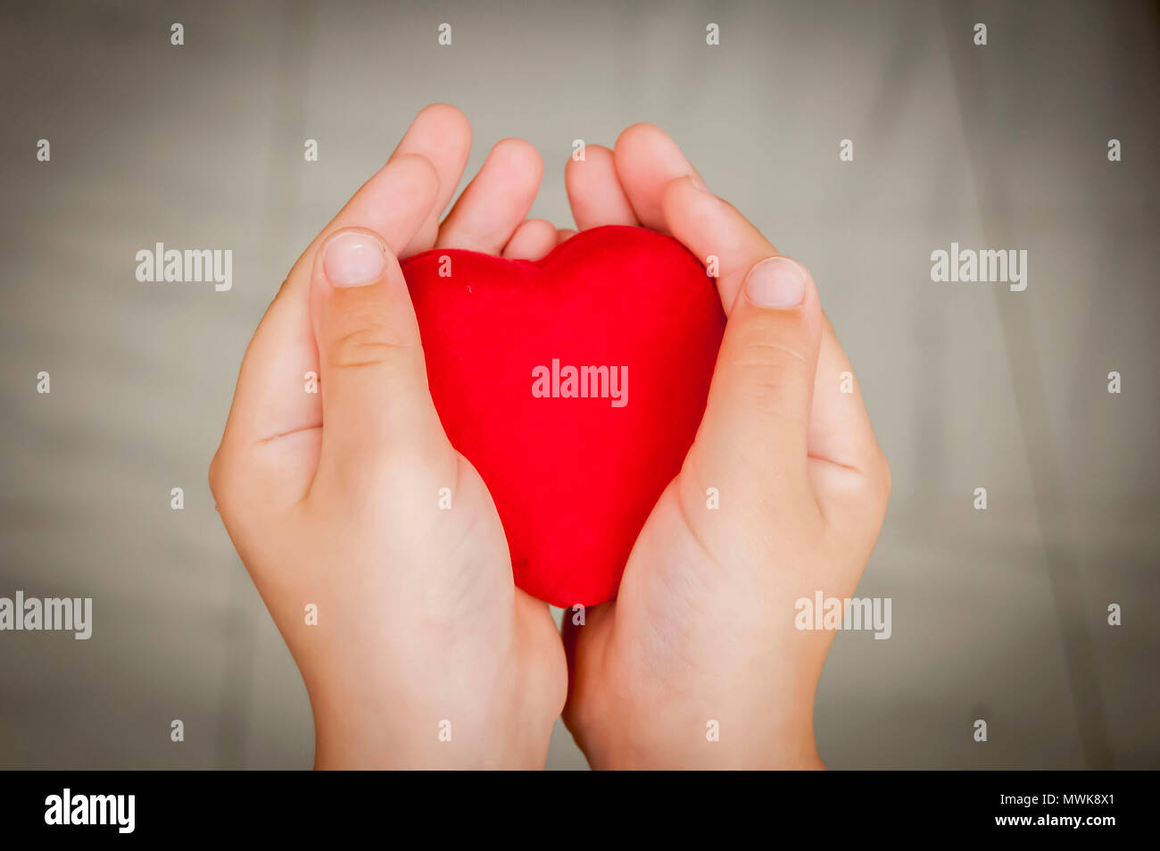 Caucasian child holding a big red heart in his hands. Sincerity, sincere love stock image. Charity, benevolence, philanthropy, philanthropic concept. Stock Photo