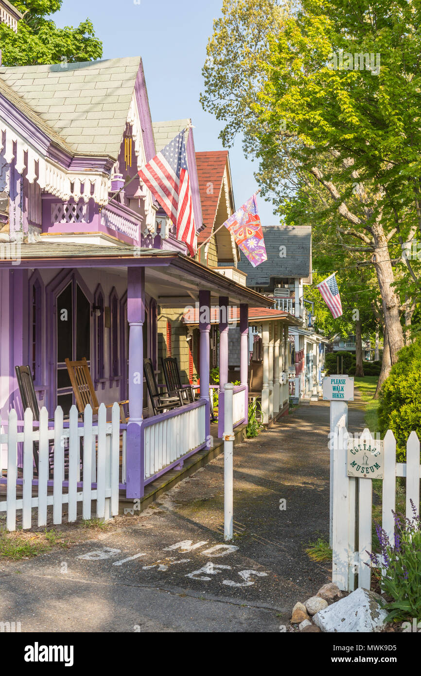Colorful gingerbread cottages in the Martha's Vineyard Camp Meeting Association (MVCMA) in Oak Bluffs, Massachusetts. Stock Photo