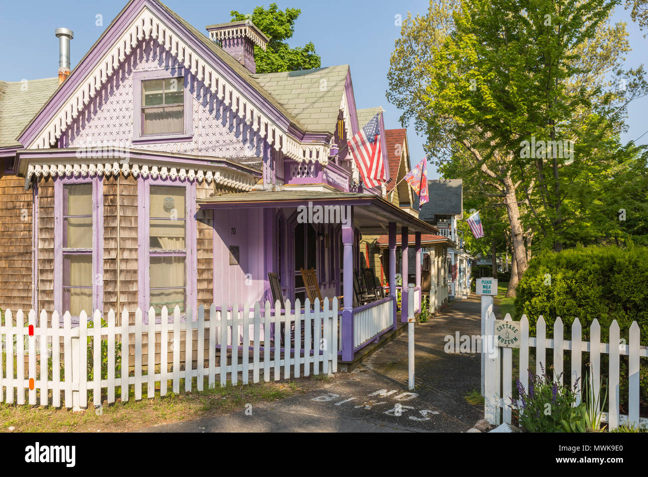 Colorful gingerbread cottages in the Martha's Vineyard Camp Meeting Association (MVCMA) in Oak Bluffs, Massachusetts. Stock Photo