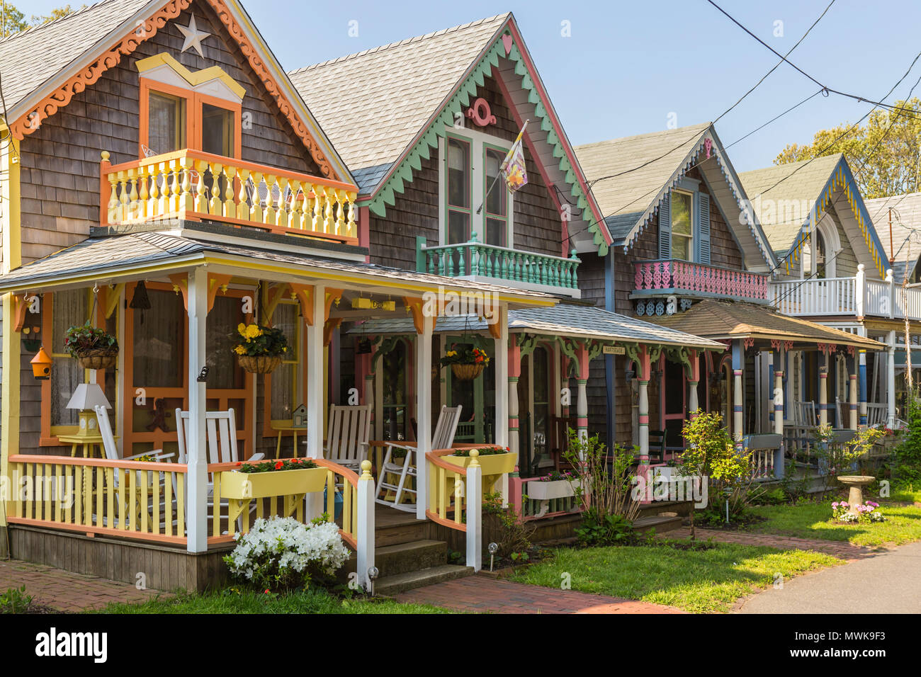 Colorful gingerbread cottages in the Martha's Vineyard Camp Meeting Association (MVCMA) in Oak Bluffs, Massachusetts. Stock Photo