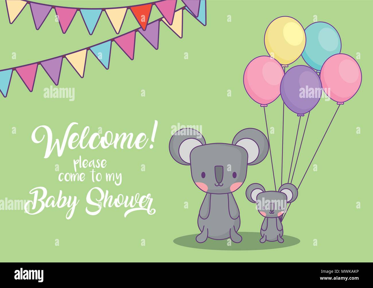 Baby shower invitation card with cute koalas with balloons over green ...