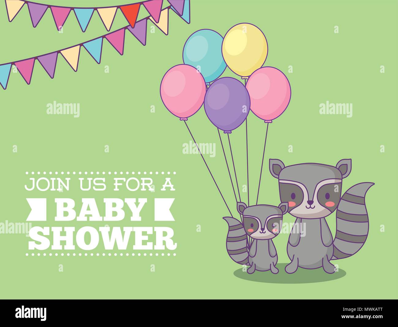 Baby shower invitation card with cute raccoons with balloons over green ...