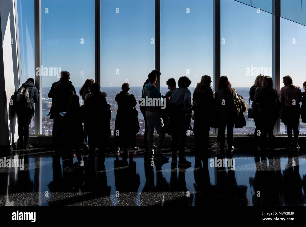 Visitors at One World Trade Center observation deck, New York City, USA Stock Photo