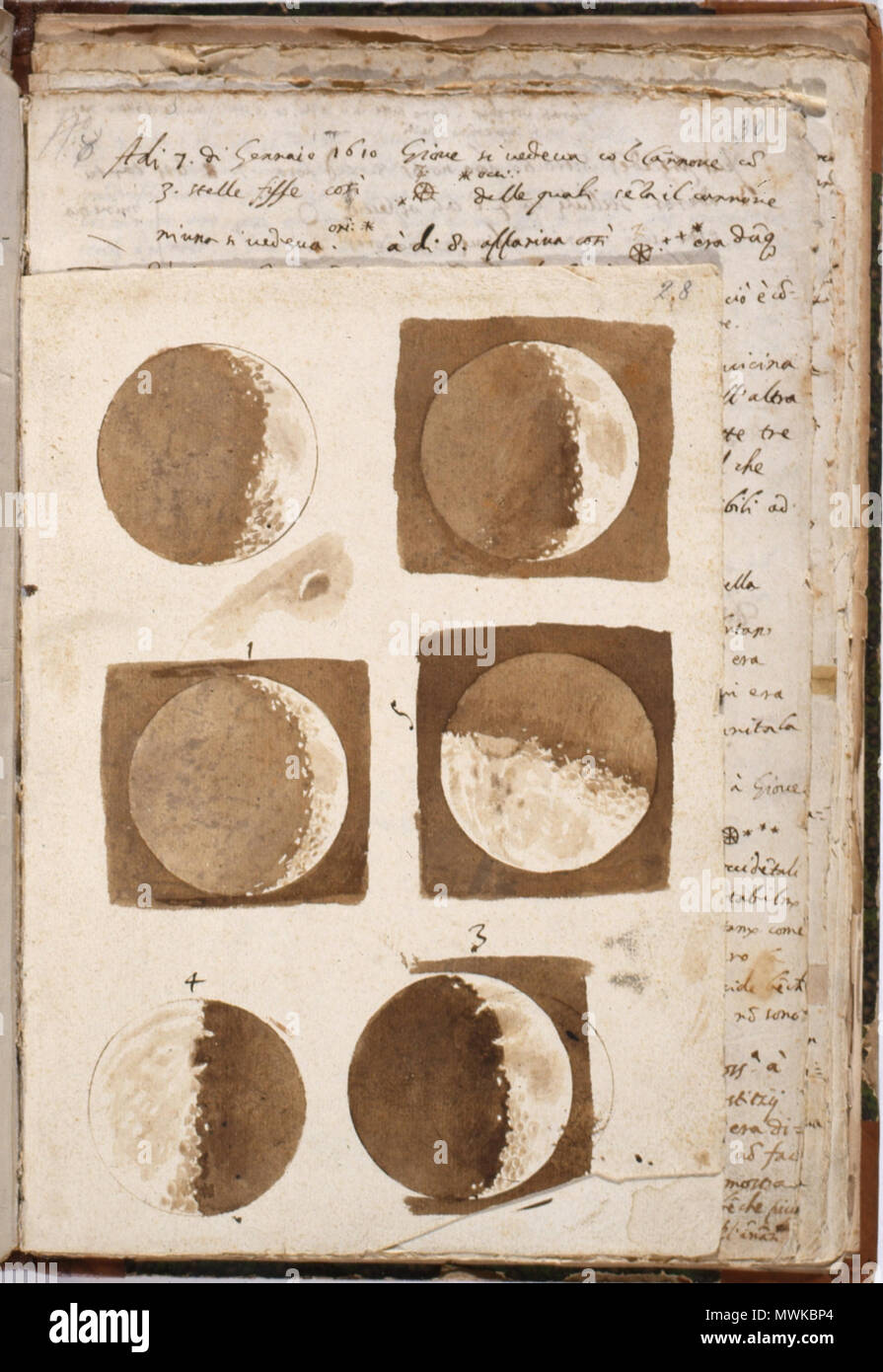 . English: Galileo Galilei, Disegni originali delle Lune, 1609, Biblioteca Nazionale Centrale, Firenze . 1 October 2008, 12:15:54. Galileo Galilei 234 Galileo Galilei, Disegni originali delle Lune, 1609, Biblioteca Nazionale Centrale, Firenze Stock Photo