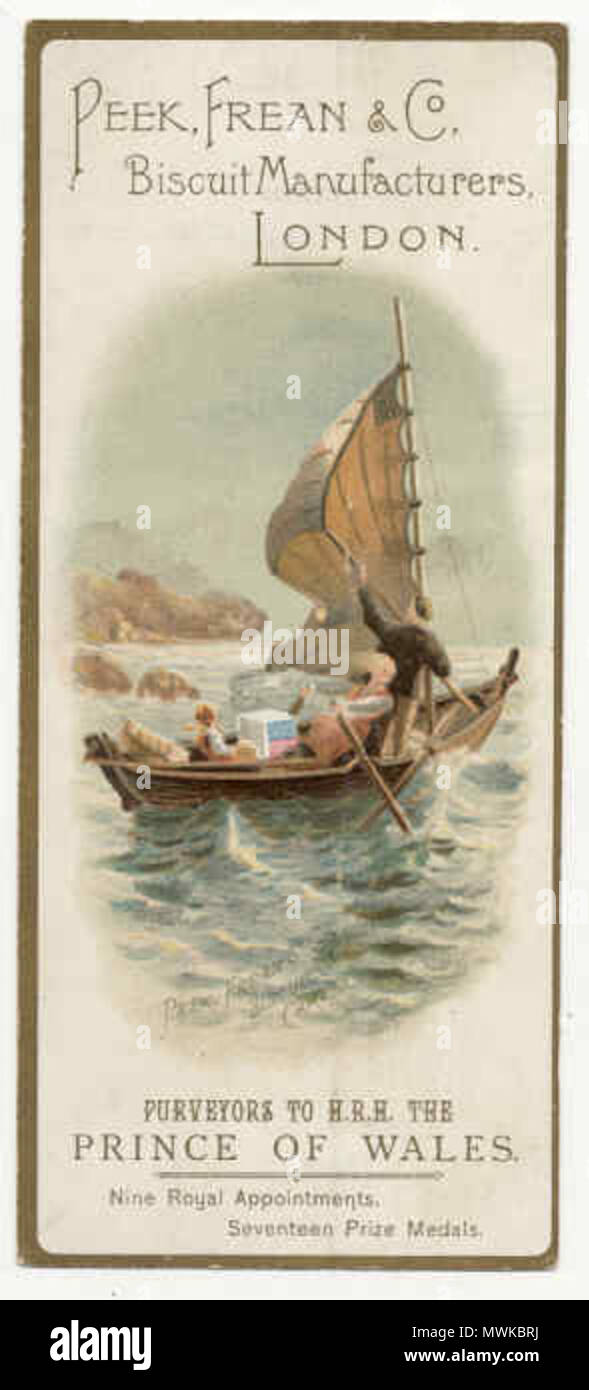 . Peek Frean: Bookmark of Sailing boat being rowed by rocks. circa 1900. Unknown 474 Peek Frean 001 Stock Photo