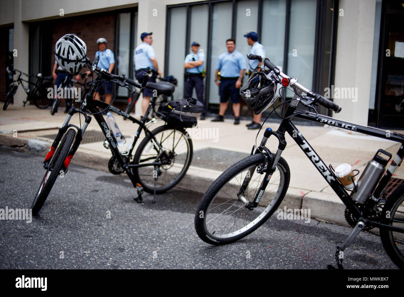 Philadelphia, United States. 01st June, 2018. Bicycle police stand by at a rally near the city's ICE (Immigration and Customs Enforcement) office, organized by the ACLU in opposition to new Trump administration policies which separate children entering the country from their parents or accompanying family members. Credit: Michael Candelori/Pacific Press/Alamy Live News Stock Photo