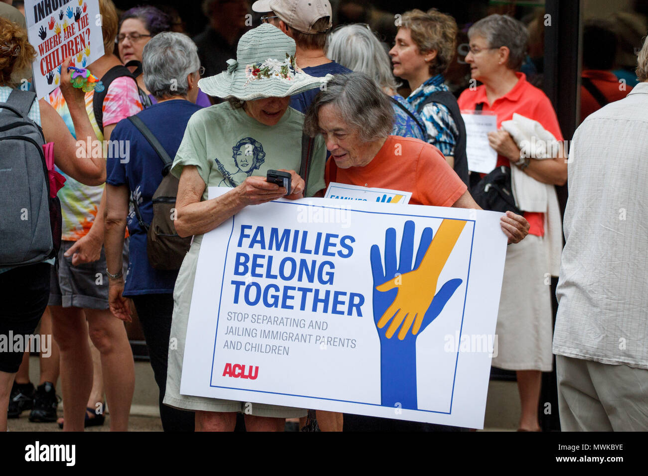 Philadelphia, United States. 01st June, 2018. Protestors hold a sign at a rally near the city's ICE (Immigration and Customs Enforcement) office, organized by the ACLU in opposition to new Trump administration policies which separate children entering the country from their parents or accompanying family members. Credit: Michael Candelori/Pacific Press/Alamy Live News Stock Photo