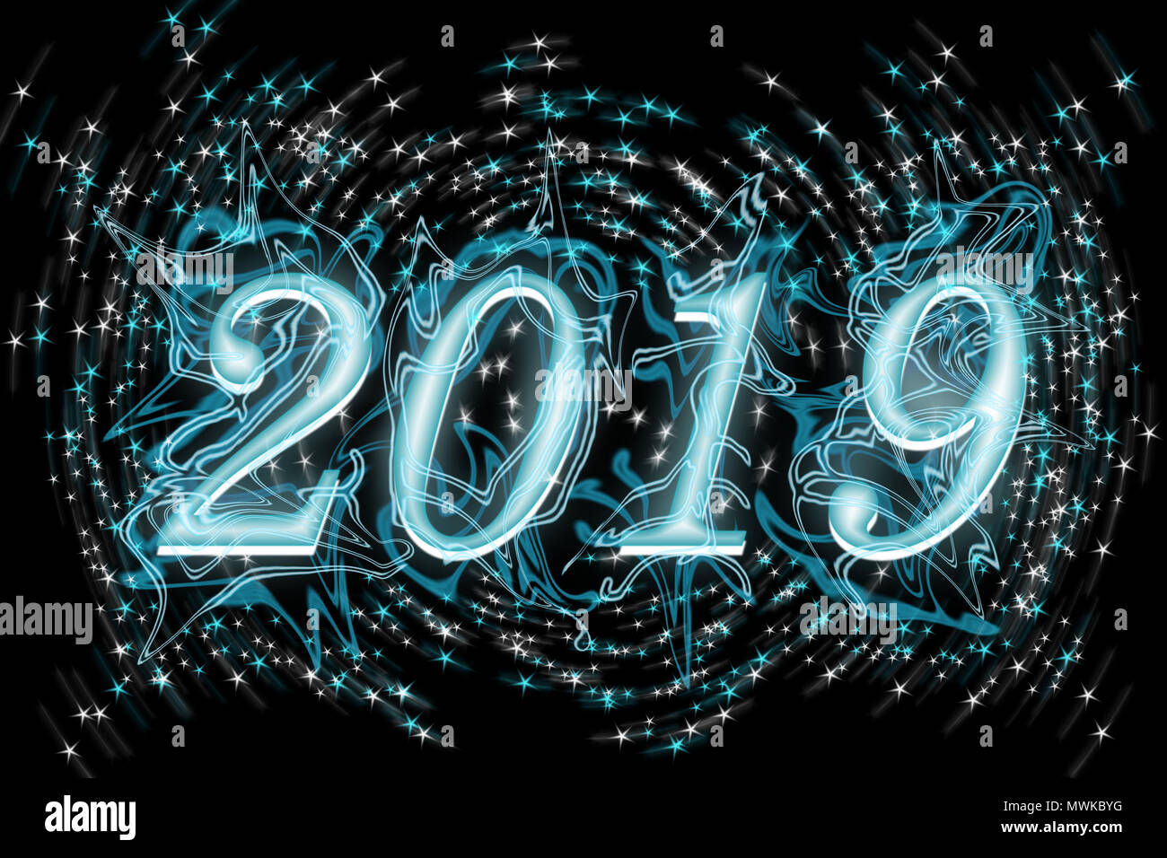 The number 2019. Blue letters on a black background with blue and white ...