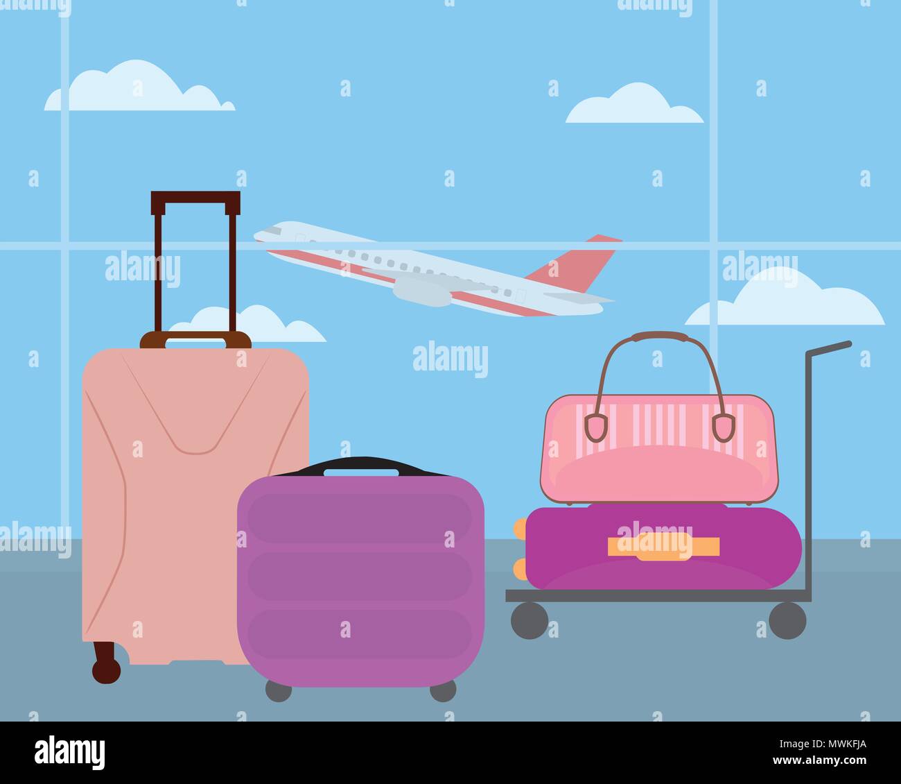Luggage at the airport hall window with a flying plane and blue sky with background clouds - vector Stock Vector