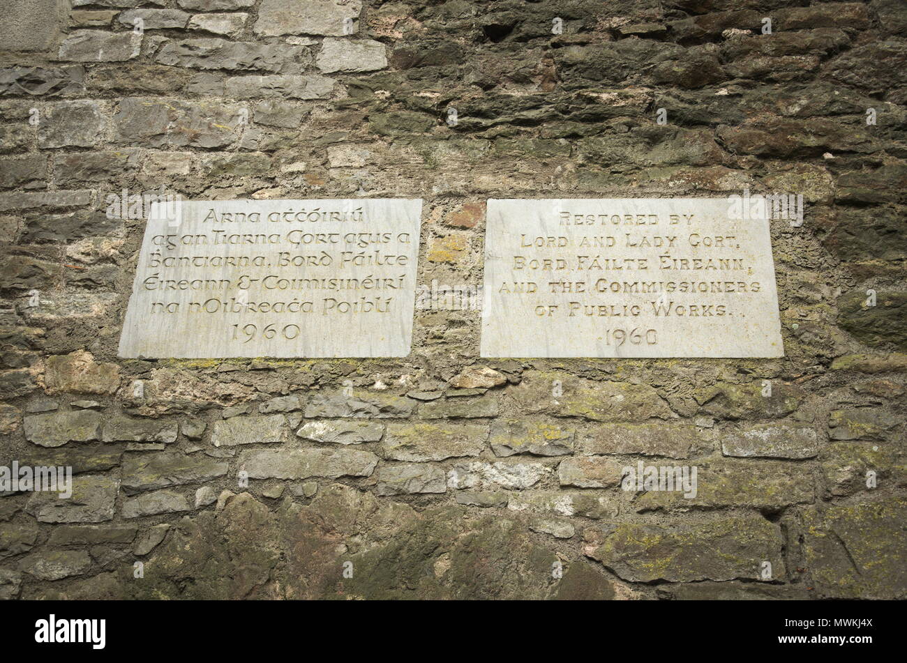 Restoration plaque / stone in Bunratty Castle Stock Photo