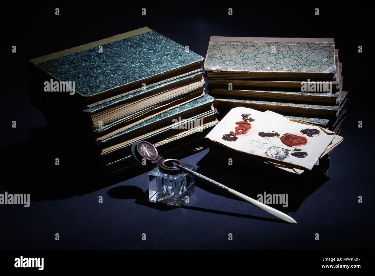 Vintage concept with old books, papers, ink pen and inkpot Stock Photo ...