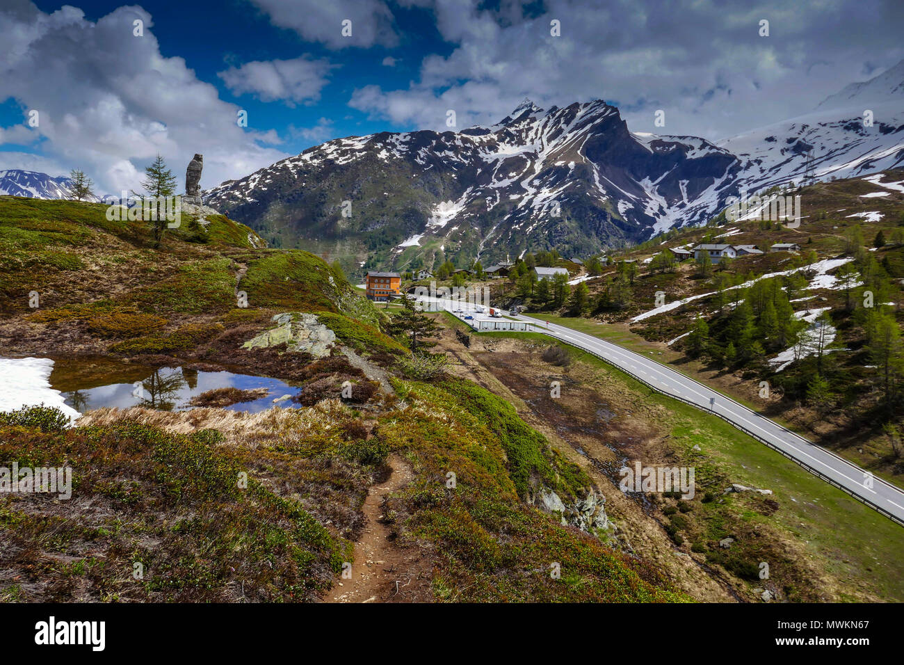 Granite stone eagle statue on the top of the Simplon Pass between Switzerland and Italy Stock Photo